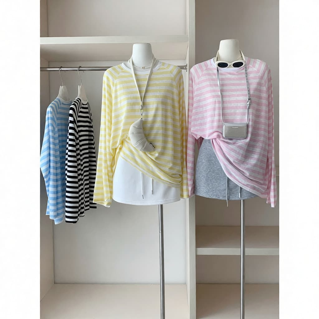 Preguiçoso solto solto rosa listrado ombro oblíquo protetor solar de manga comprida camiseta feminina verão blusa Casual