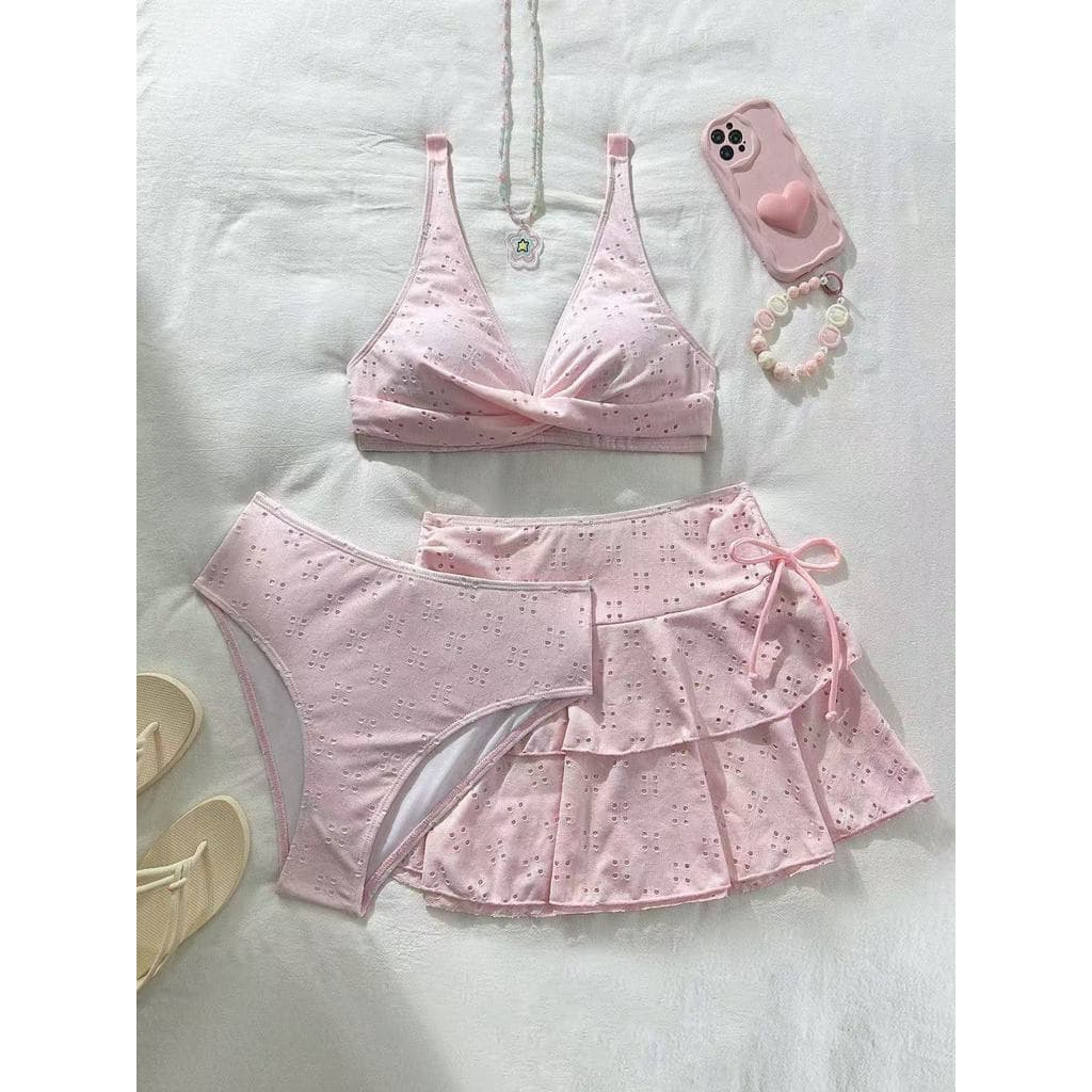 Conjunto de Biquíni de Três Peças Estilo Saia com Aro e Efeito Push-up, Elegante e Fofo, com Renda Charmosa