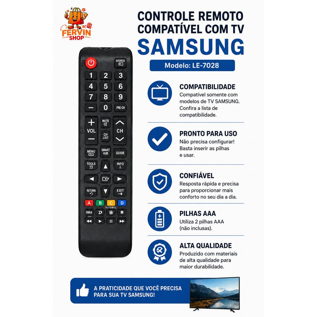 CONTROLE REMOTO PARA TV SAMSUNG SMART A PILHAS