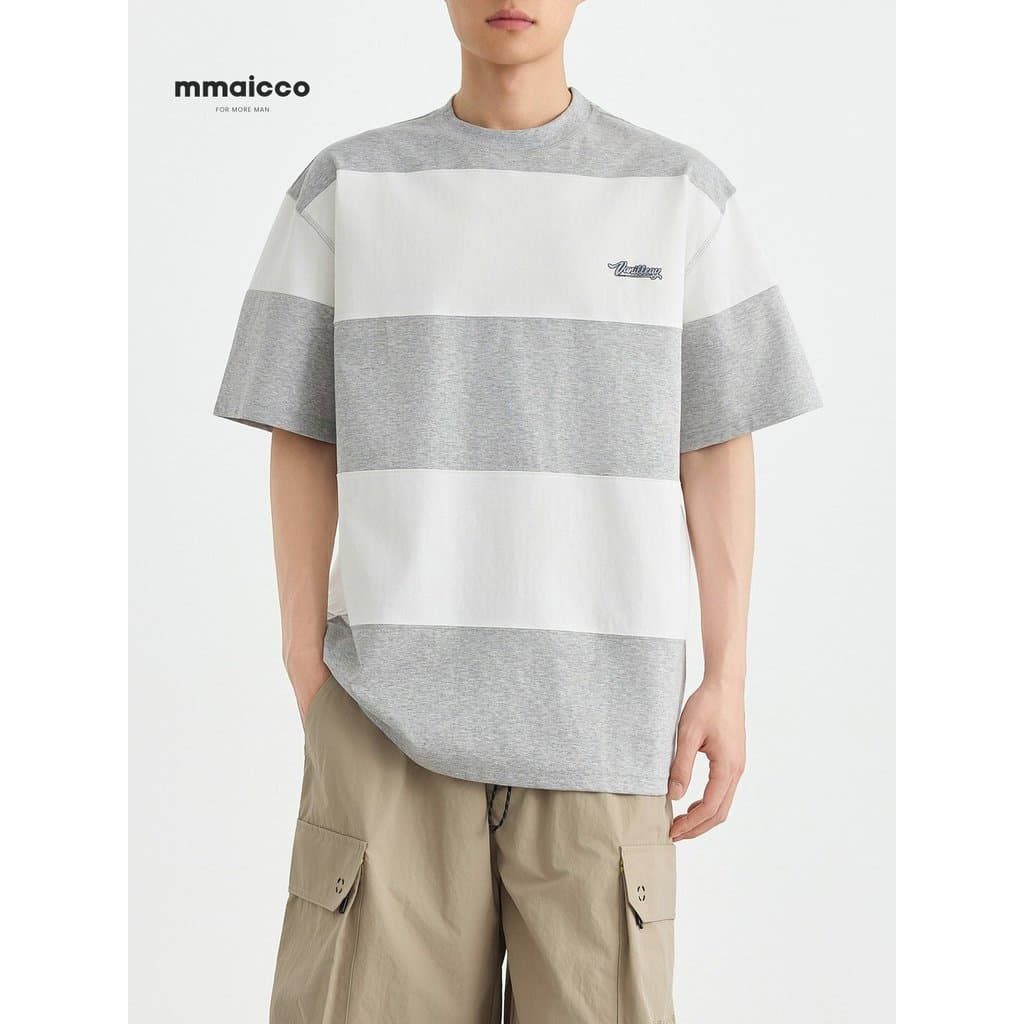 Momaike masculino rua Casual costura contraste cor camiseta masculina 2026 verão novo estilo 220g impresso masculino cam