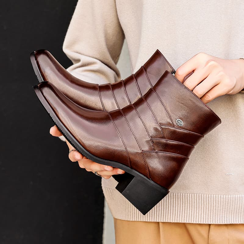 Botas masculinas de couro de salto alto aumentadas 6cm botas curtas moda masculina com zíper lateral Chelsea botas