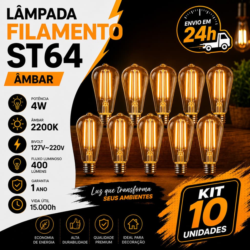 KIT 10 / 5 Unidades Lampada Filamento ST64 Pera 4W Vintage Retrô Decorativa E27 Lâmpada de Vidro Âmbar Bivolt 2200K