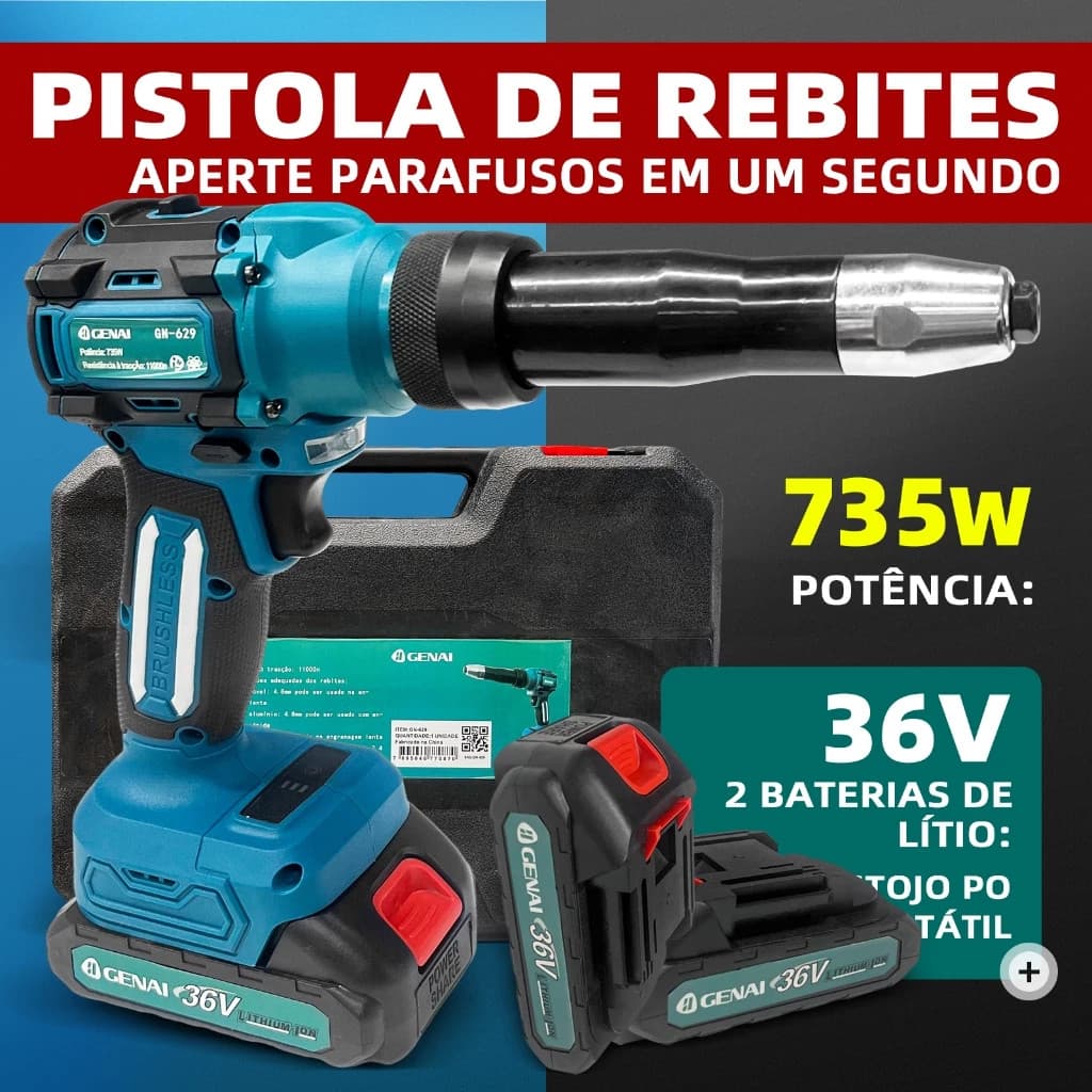 Pistola De Rebites Elétrica Sem Escovas De 36V Com 2 Baterias e 100 Rebites Adequada Para Uso Em Oficina.
