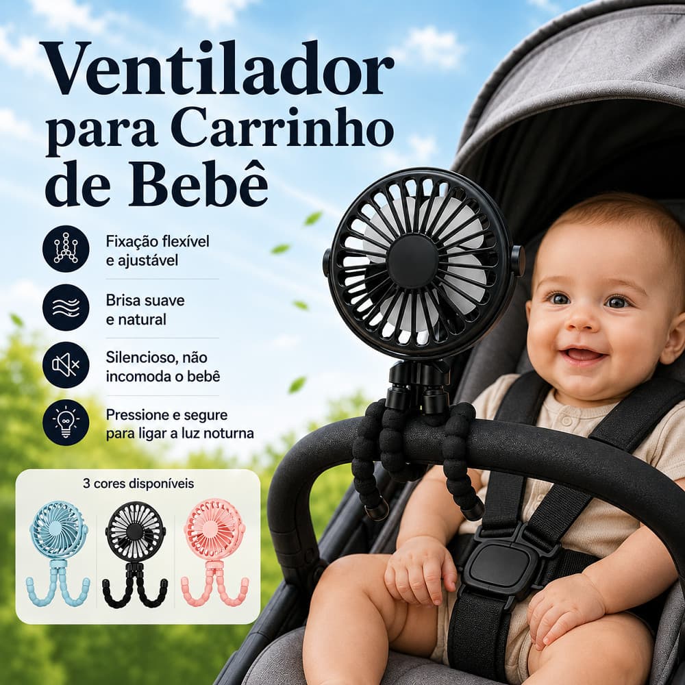 Ventilador para Carrinho Mini de Bebê Polvo USB Recarregável com Tripé Flexível de 3 Pernas e Cabeça Ajustável