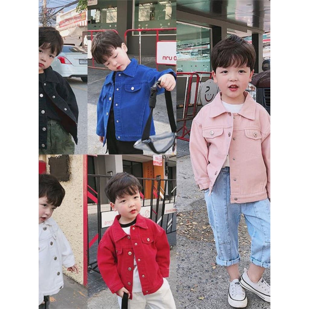 Menino jaqueta 2026 novo estilo lapela crianças vermelho Denim menino exterior topo moda bebê jaqueta coreana