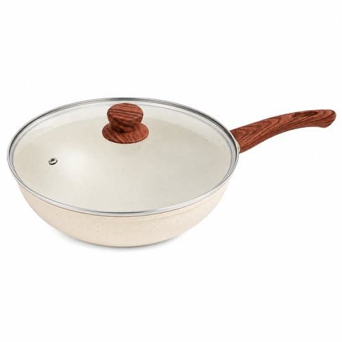 Kit Frigideira Antiaderente Nanoceramico 28cm Granito Com Tampa Creme Duravel