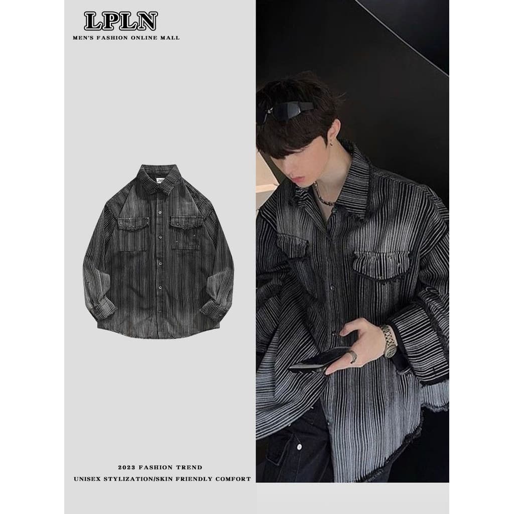 LPLN Americano Retro Gradiente Borda Bruta Listrada Jaqueta Jeans Lavada Angustiada Masculina Tie-Dye Ruffian Camisa Bon