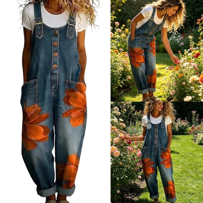 Macacão Babador Frontal Botão blg Para, Jeans Casual Estampa Flores