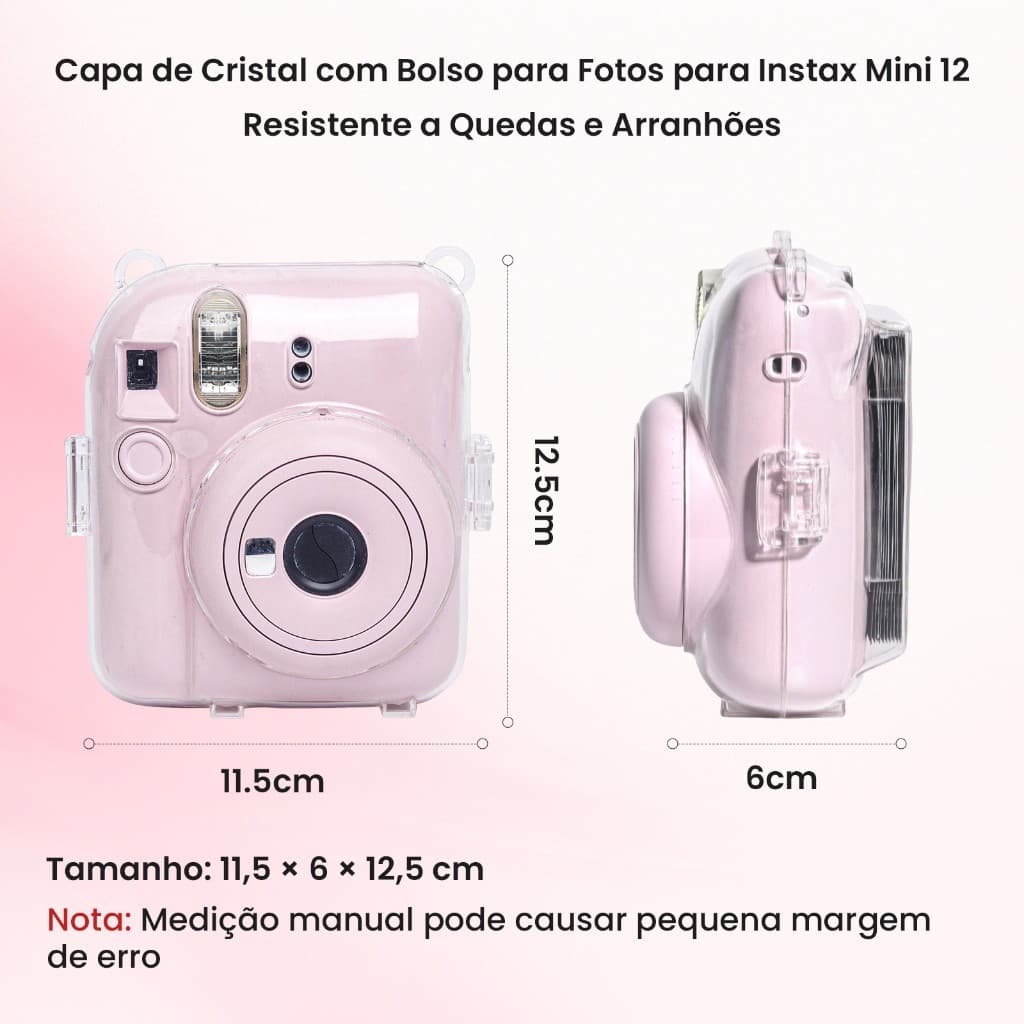 Estojo Protetor Acrílico Fujifilm Instax Mini 12 com Porta Fotos Traseira e Kit Acessórios