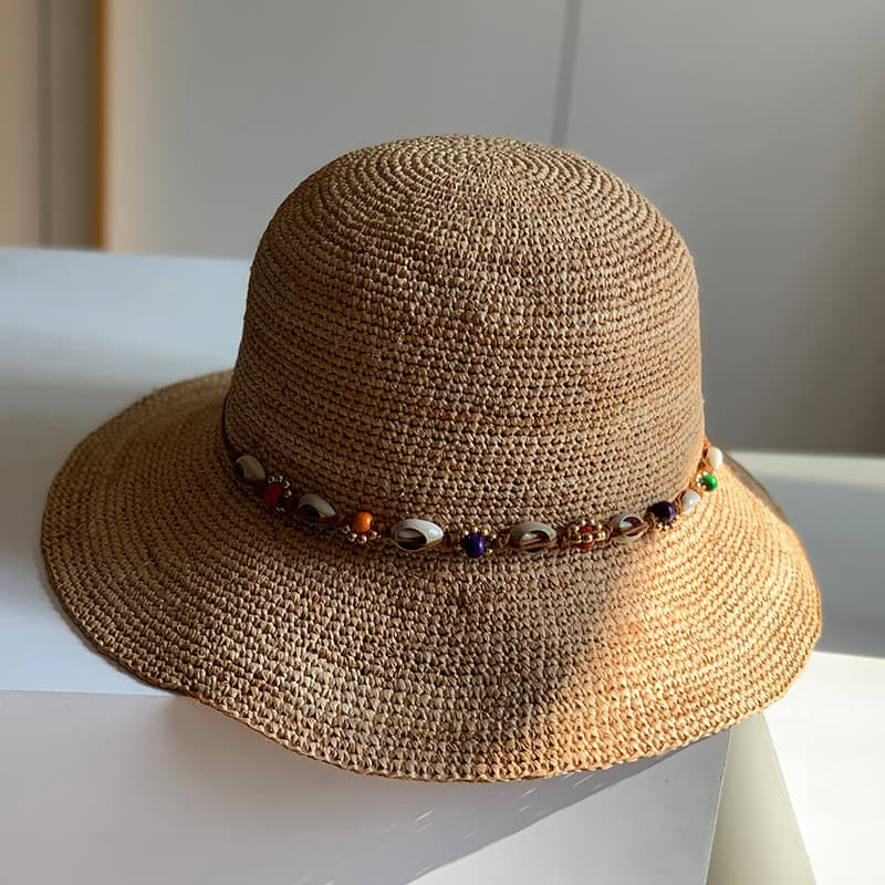 Boêmio estilo férias colorido frisado rendas Natural ráfia crochê balde chapéu feminino elegante intelectual chapéu de p