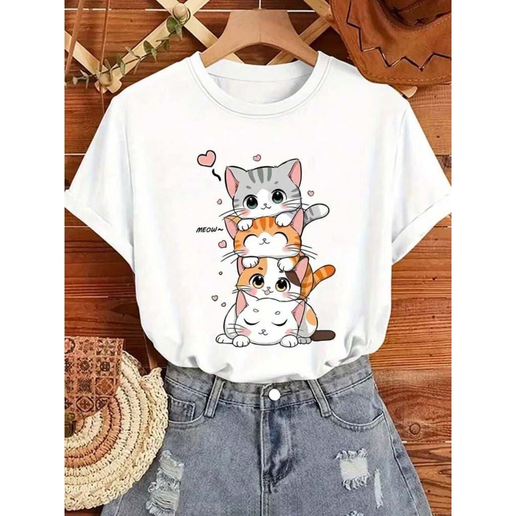 Camiseta feminina meow algodão confortável moda casual blogueirinha