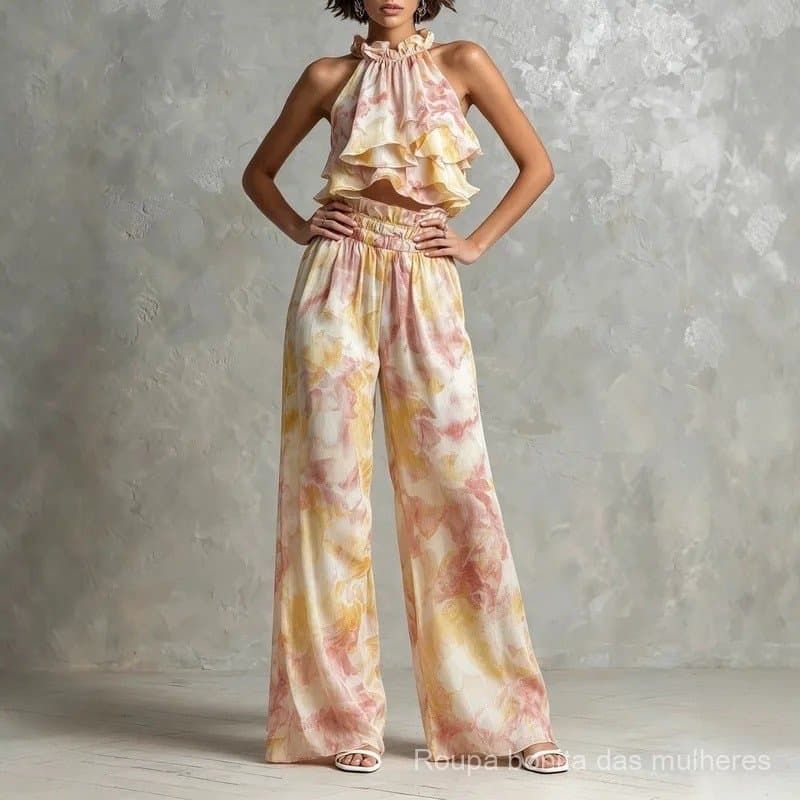 Conjunto Feminino 2026: Top Pulôver Sem Mangas com Decote Redondo e Calças Soltas, Estilo Casual Sólido com Detalhes em