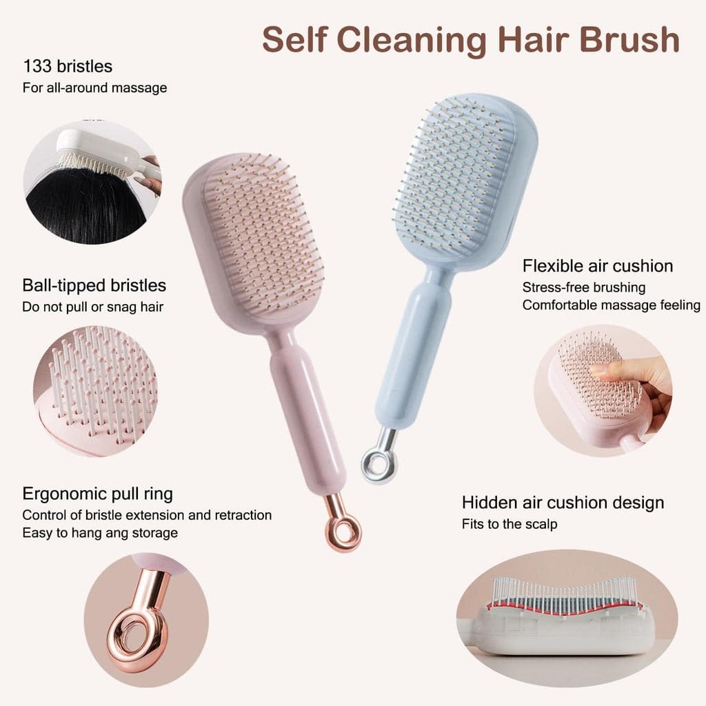 Escova de Cabelo Autolimpante, Escova Desembaraçadora de Limpeza Fácil, Escova de Cabelo com Almofada de Ar e Cerdas Ret
