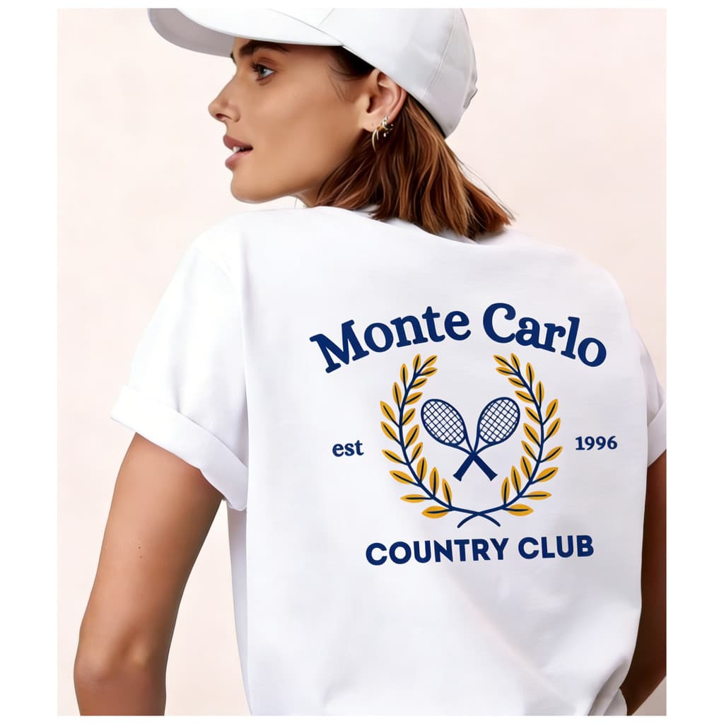 Camiseta Feminina Casual De Manga Curta Monte Carlo – Estampa De Tênis Esportivo Vintage , Tecido Macio De Alta Qualidad