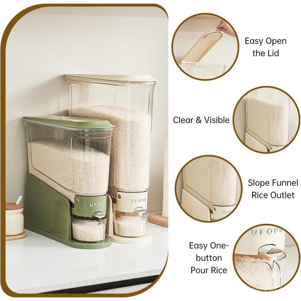 Dispensador de Arroz UFORU 22Lbs, Recipiente Fino para Armazenamento de Arroz em Espaços Pequenos, Dispensador de Alimen