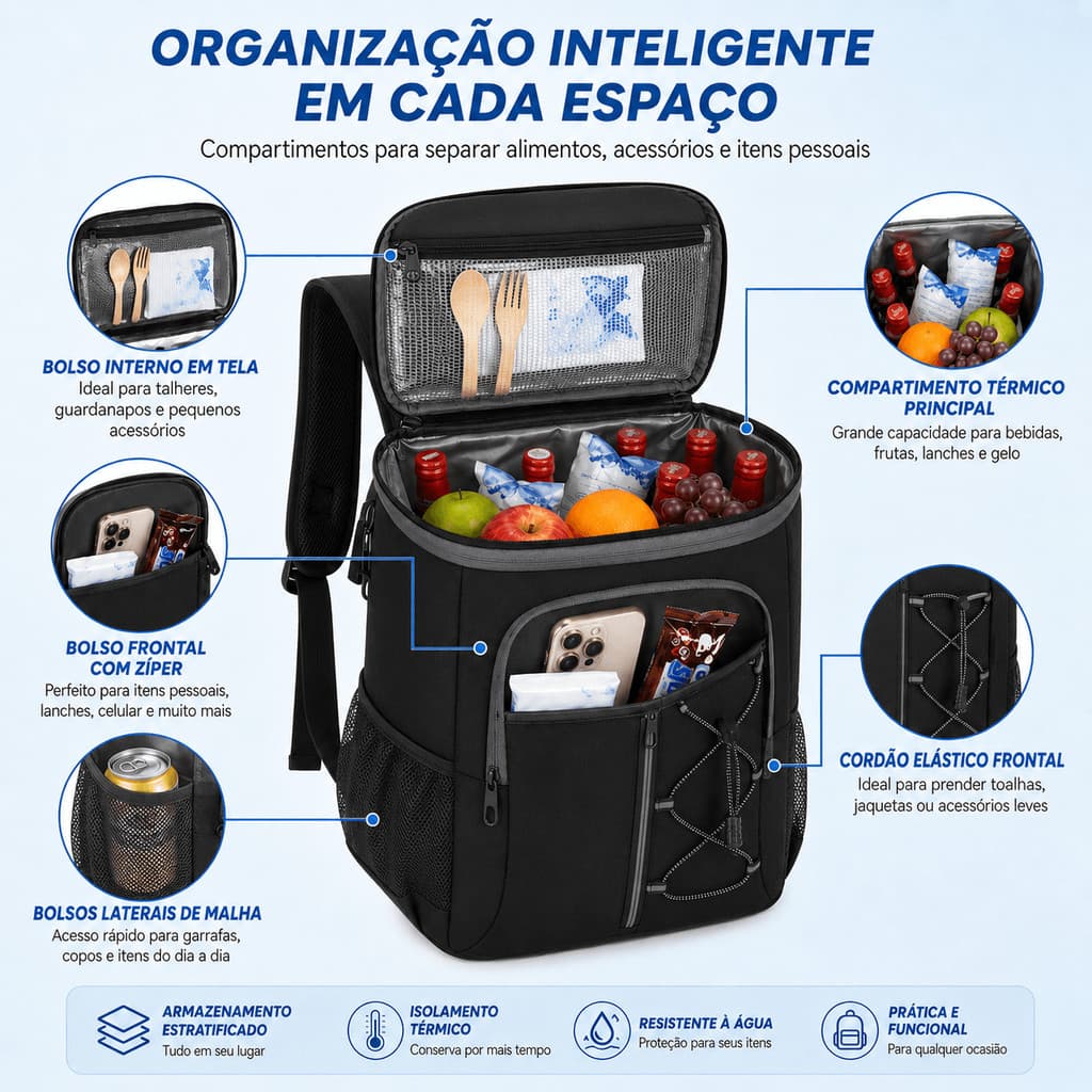 Mochila Térmica Família 23L Bolsa Cooler Grande Piquenique Praia Bebidas Geladas Alimentos