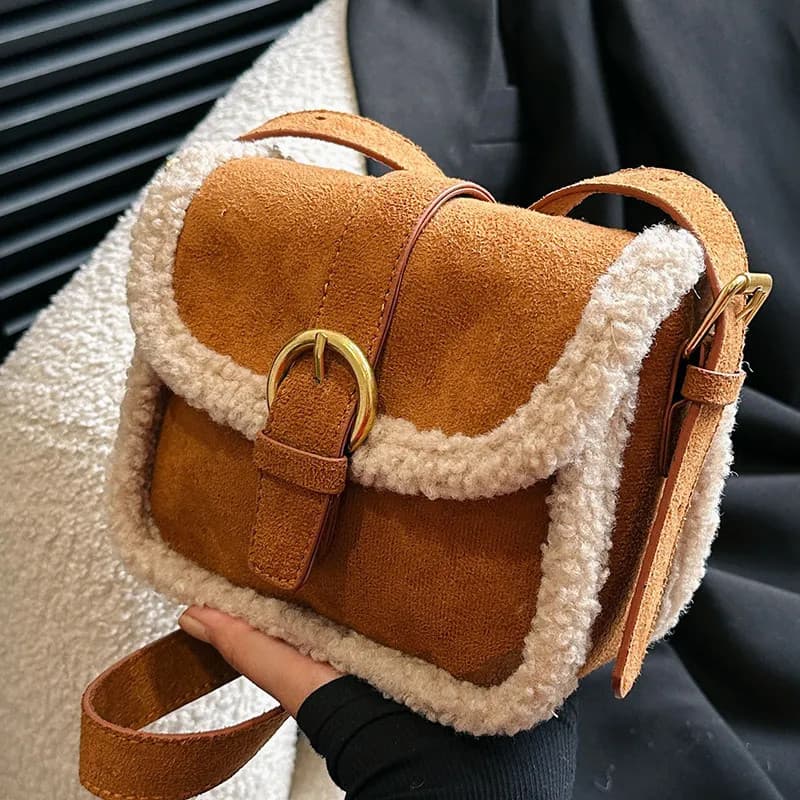 [XKB] Bolsa feminina de lã de cordeiro, novo estilo, bolsa feminina combinada, bolsa peluda, bolsa mensageiro de ombro,