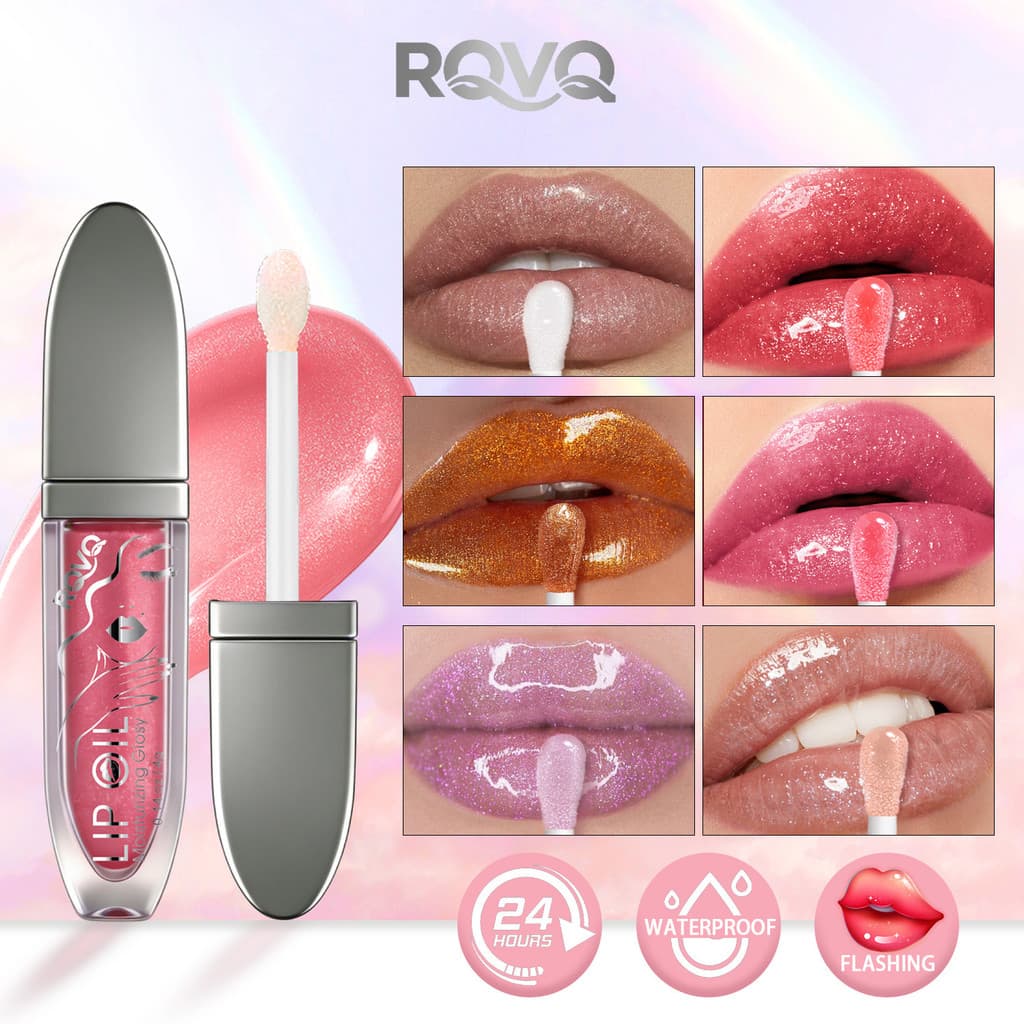 Óleo labial RQVQ com brilho sutil e efeito volumizador, hidratante de longa duração e brilho labial translúcido.
