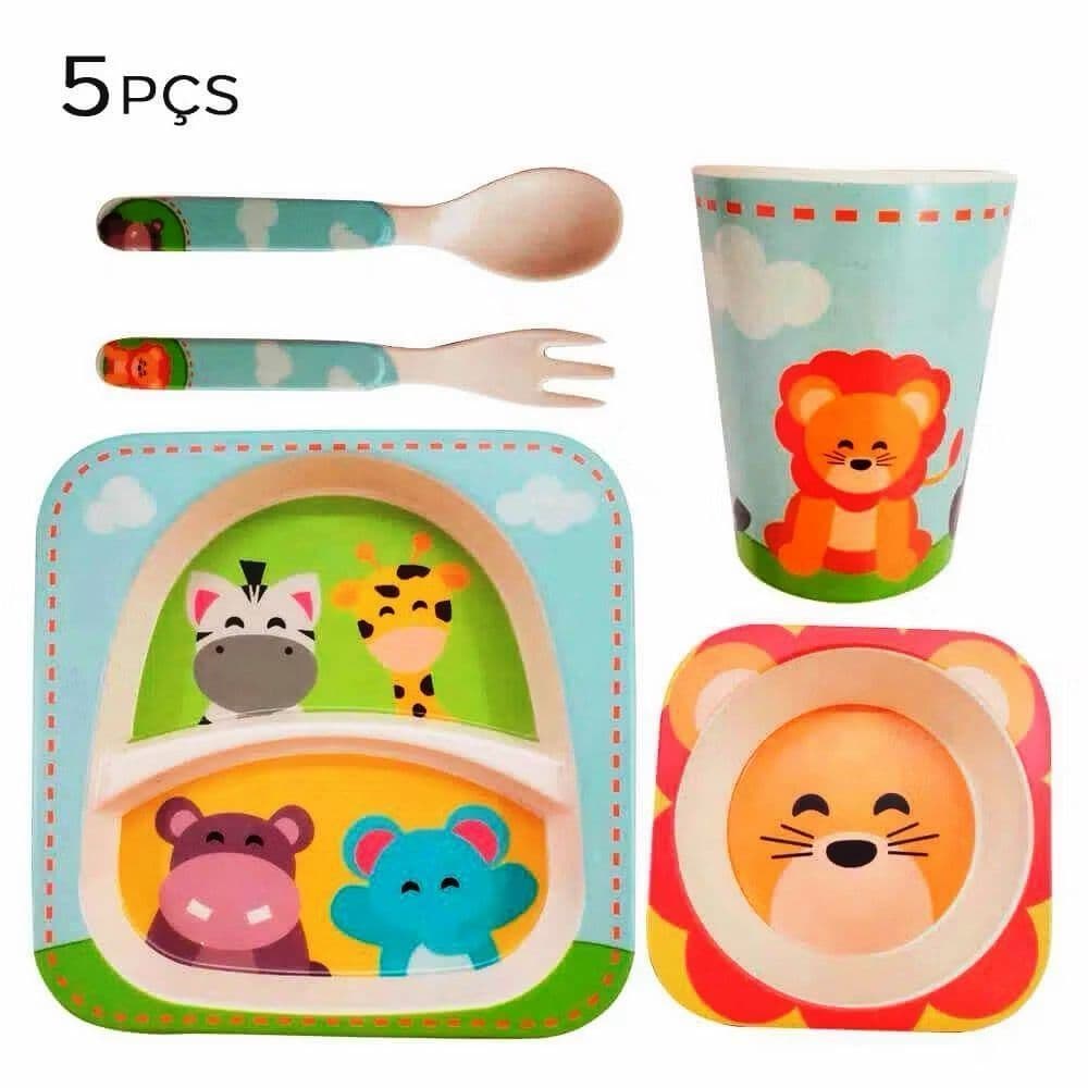 Jogo para Refeição infantil Prato, Copo, Tigela e Talher Safari Leãozinho Kit Infantil Introduçao Alimentar Criança