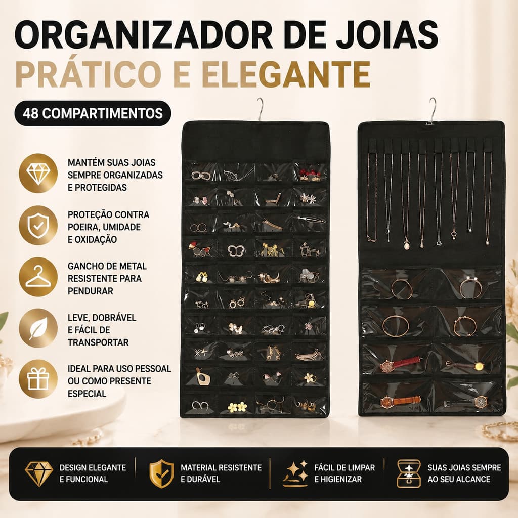 Porta Joias Organizador Grande em Tela com 48 Bolsos Armazenamento para Bijuterias