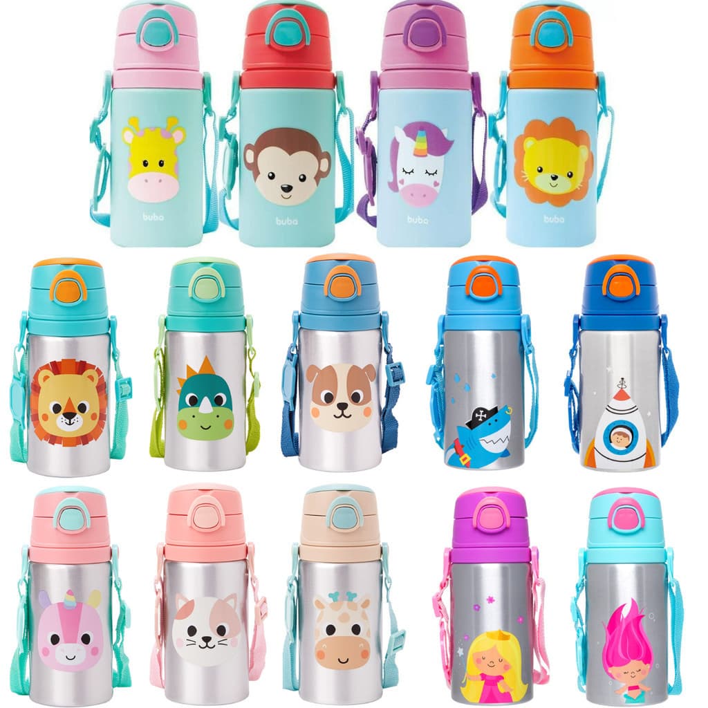 Garrafa Garrafinha Infantil Alumínio C/ Canudo Silicone Fun - Buba