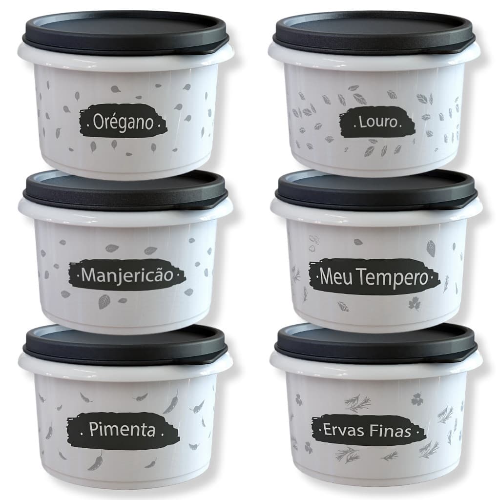 Kit 6 Potes Porta Temperos Ervas e Condimentos 180ml Plástico Antimicrobiano Tampa Vedação
