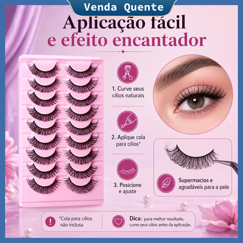 Cílios Postiços Naturais Kit com 10 Pares Pretos Curvados Alongados e Volumosos para Maquiagem e Festa