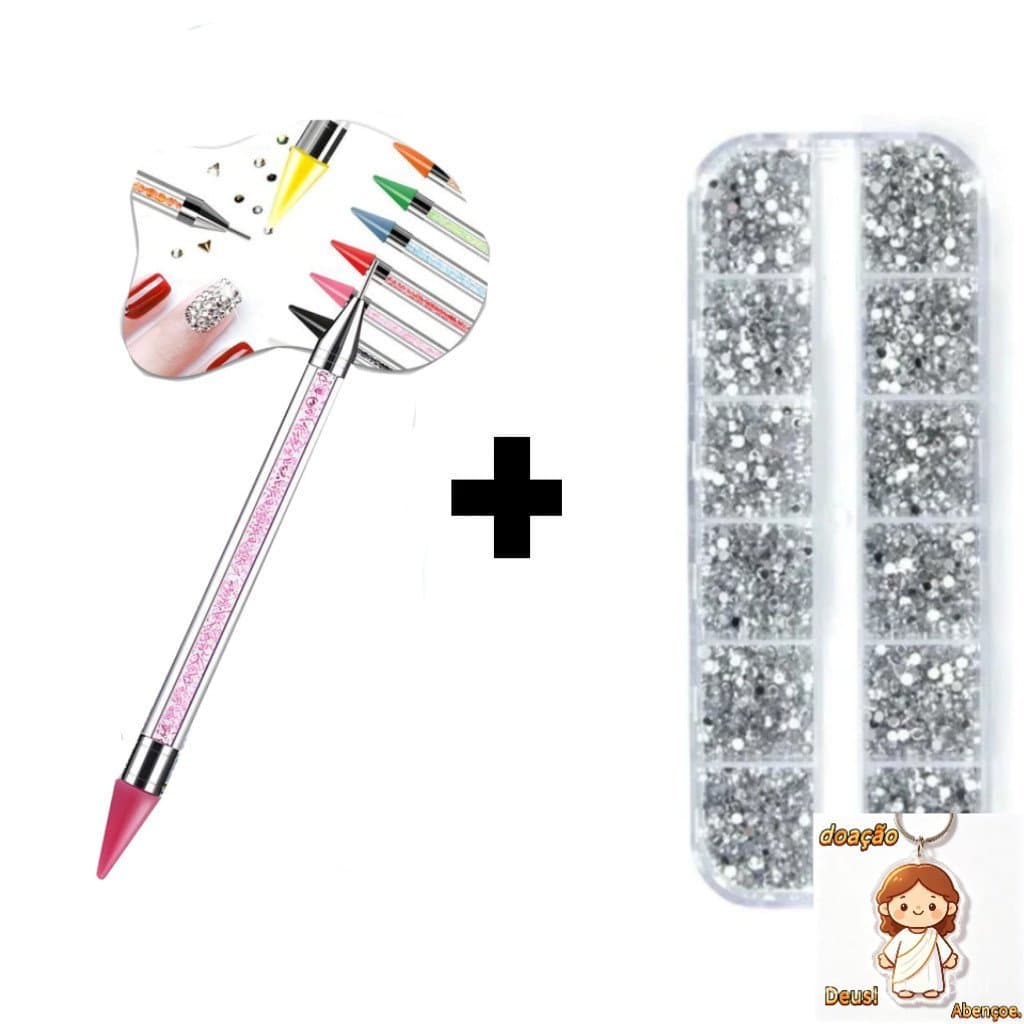 kit com Estojo Kit Strass Prata +  Caneta Pega Strass