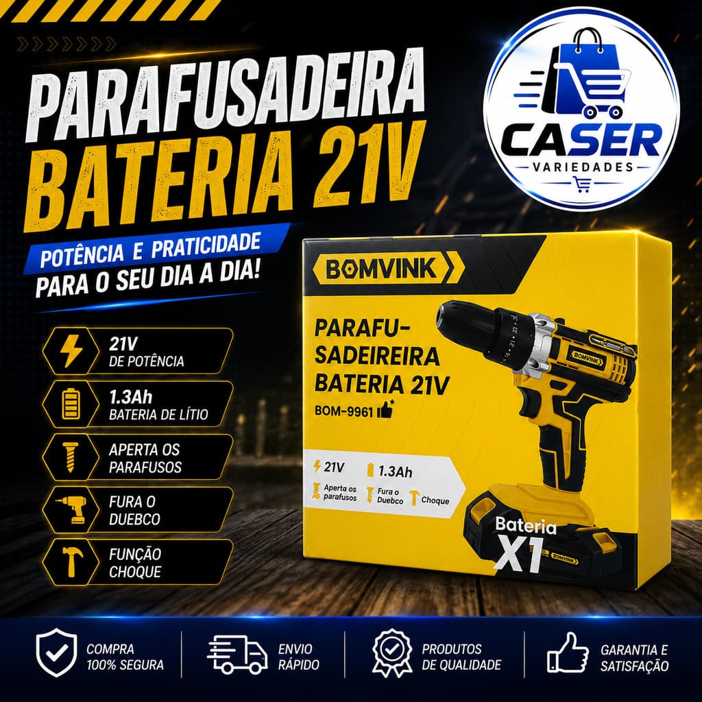 Parafusadeira Furadeira a Bateria 21V 1.3Ah c/ Impacto Bomvink BOM-9961
