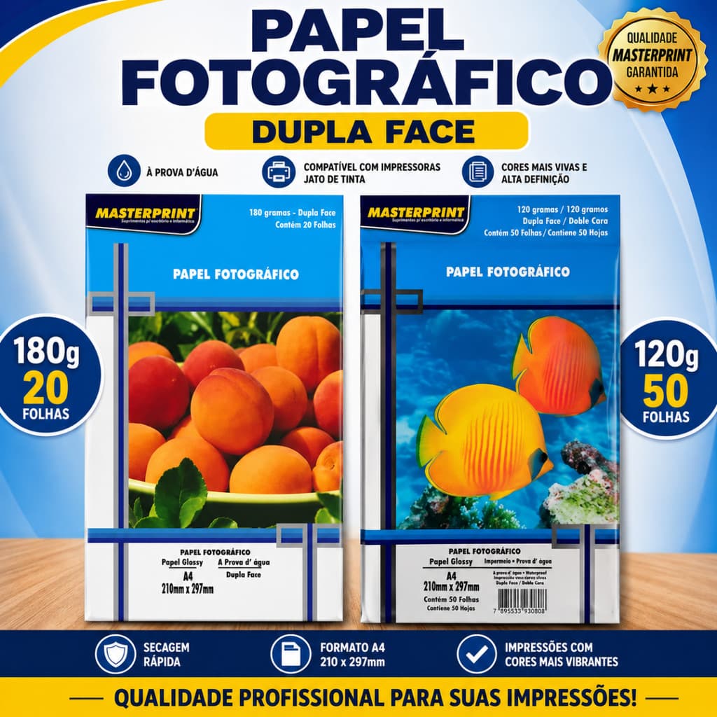 Papel Dupla-Face Fotográfico A4 Brilhante 120g/m² 180g/m² Para Impressora Jato De Tinta