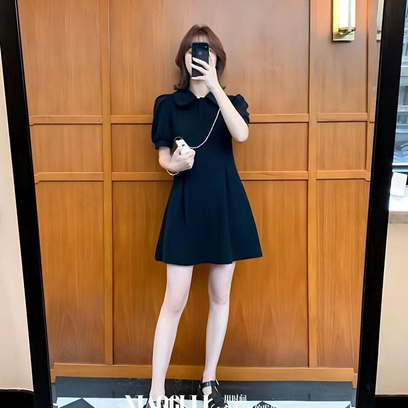 [Venda por tempo limitado] Vestido preto com gola polo verão novo estilo roupas femininas estilo Preppy Design sentiment