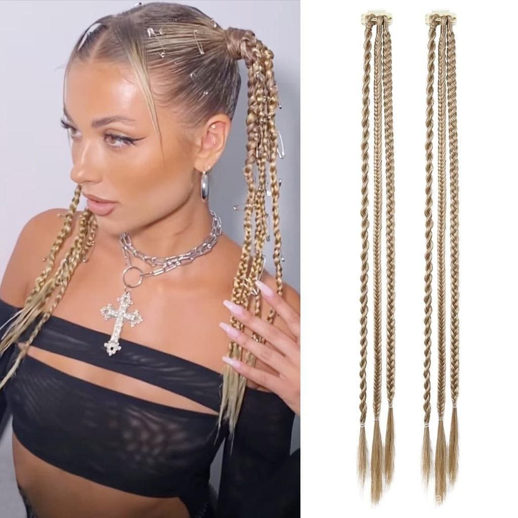 Extensões de cabelo com presilha para aumentar o comprimento do cabelo, cabelo sintético cinza e castanho.