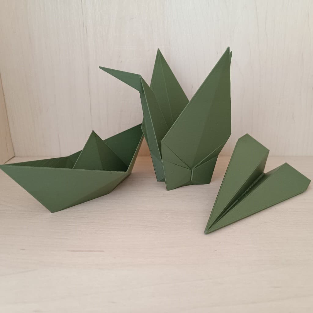 Kit Decorativo estilo Origami 3 Peças Tsuru Barco e Avião feito em impressora 3D (Plástico PLA)
