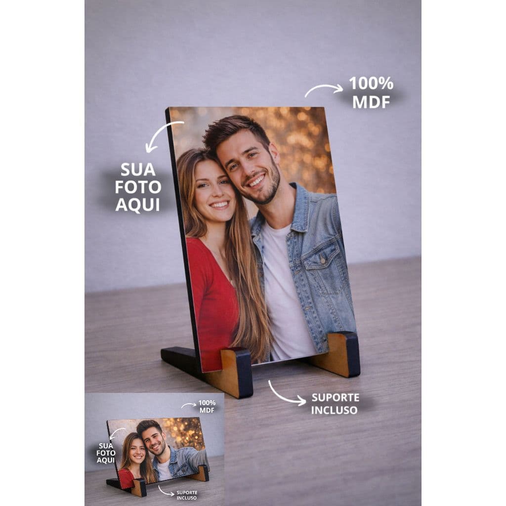 Quadro Personalizado c/ Foto 10x15cm com Suporte MDF Presente Casal Família Namorados Decoração Mesa