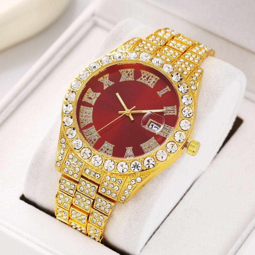 Estilo antigo série fantasma de água relógio imitação grande diamante diamante escala romana calendário Hip Hop relógio