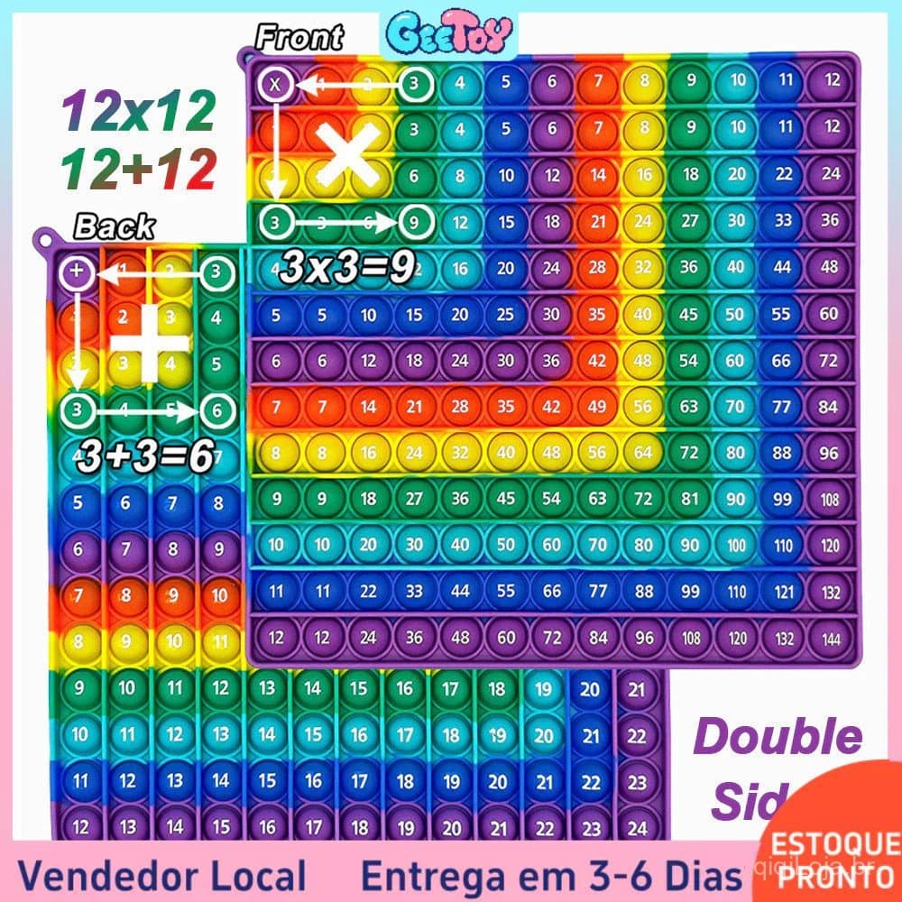 Brinquedo Educativo de Matemática 12×12 e 12+12 - Números de 1 a 100 em Silicone Colorido com Bolhas para Apertar