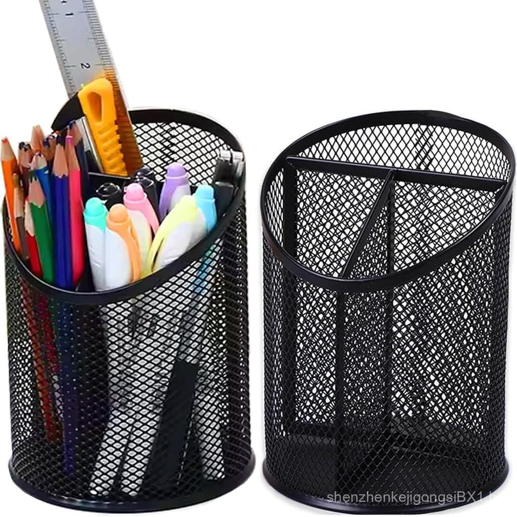 MINDEPOT Conjunto de 2 Porta-Lápis de Malha para Mesa, Organizador de Canetas Redondo Preto, Organizador de Lápis com 3