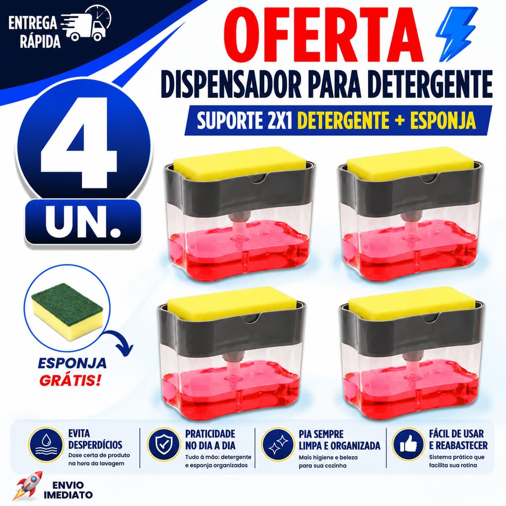 DISPENSER AUTOMÁTICO MANUAL DETERGENTE PORTA ESPONJA COZINHA UTILIDADES