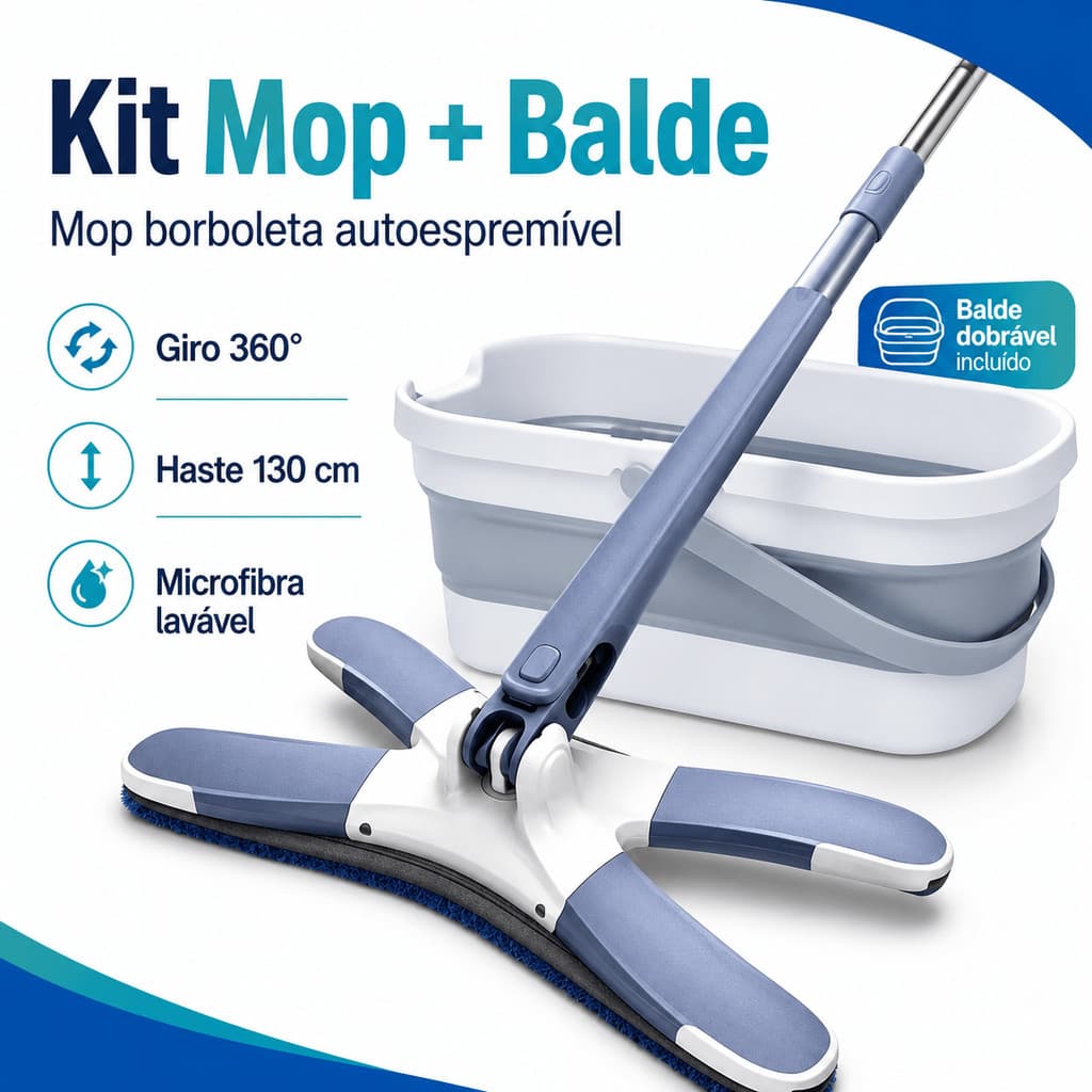 Mop Borboleta Autoespremível 360° com Balde Dobrável, Refis ou Ganchos Haste 130 cm