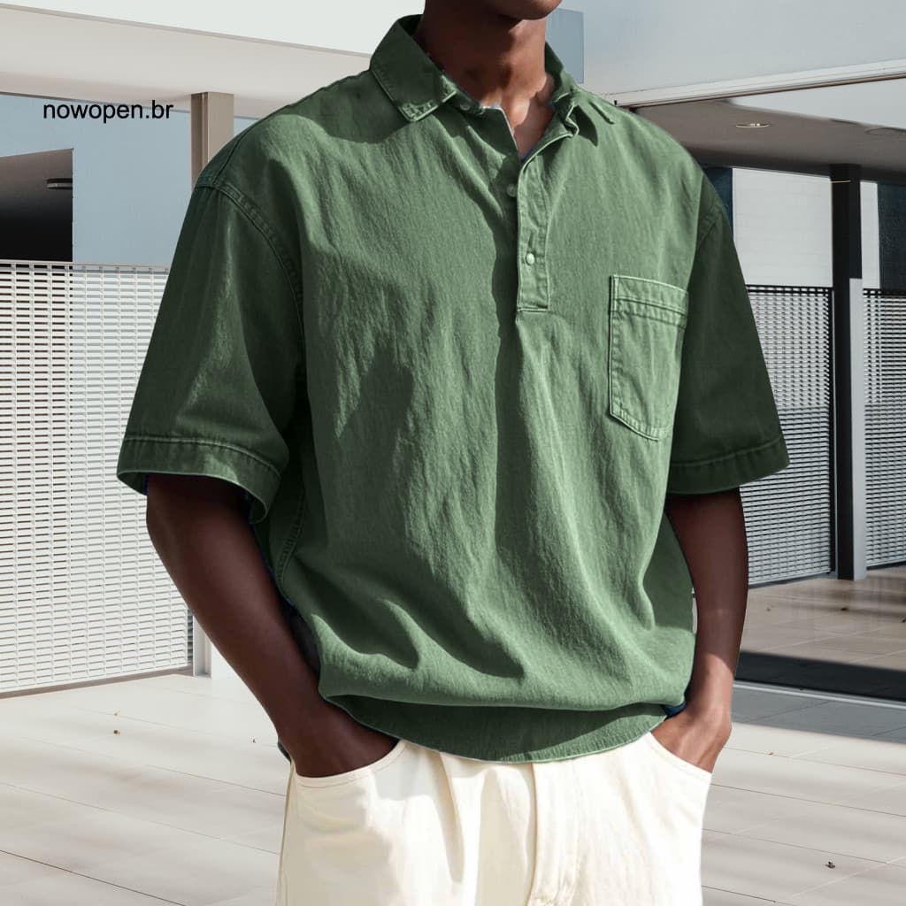Men Lapel Design T-shirt Solid Color Men’s Summer Short Sleeve Tee with Chest Pocket Loose Fit Shirt for Office Vacati