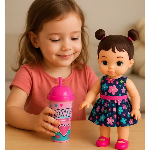 Boneca Infantil Hannah Copo Suquinho Canudo Vestido com Acessórios Brincar Mamãe Criança