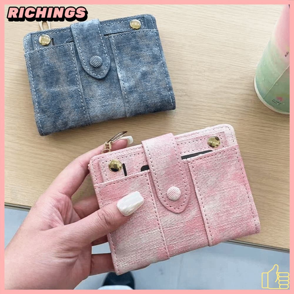 [RICHIS] Carteira Bifold , Porta-Cartões Com Textura Jeans De Couro PU Bolso Para Moedas Fecho De Pressão
