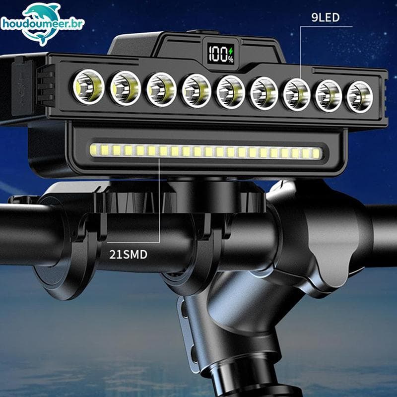 Farol De Mountain bike HOUDO 9LED Com Modo De Carregamento USB De Alto Buzina E display De Energia