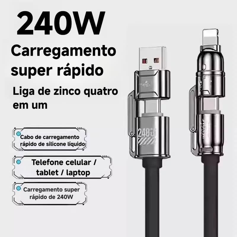 Cabo 4 em 1 240W Super Rápido PD, USB‑A Type‑C Lightning, 480Mbps Compatível iPhone, Huawei, Android, Notebook