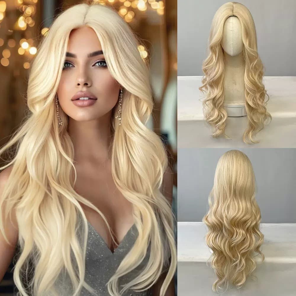 Peruca de renda frontal para mulheres, cabelo longo natural com risca ao meio, cobertura total da cabeça, ondas grandes,