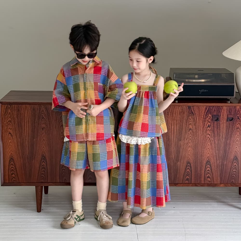 Crianças terno 2026 verão meninos meninas versão coreana colorido xadrez camisa Shorts terno de duas peças das crianças