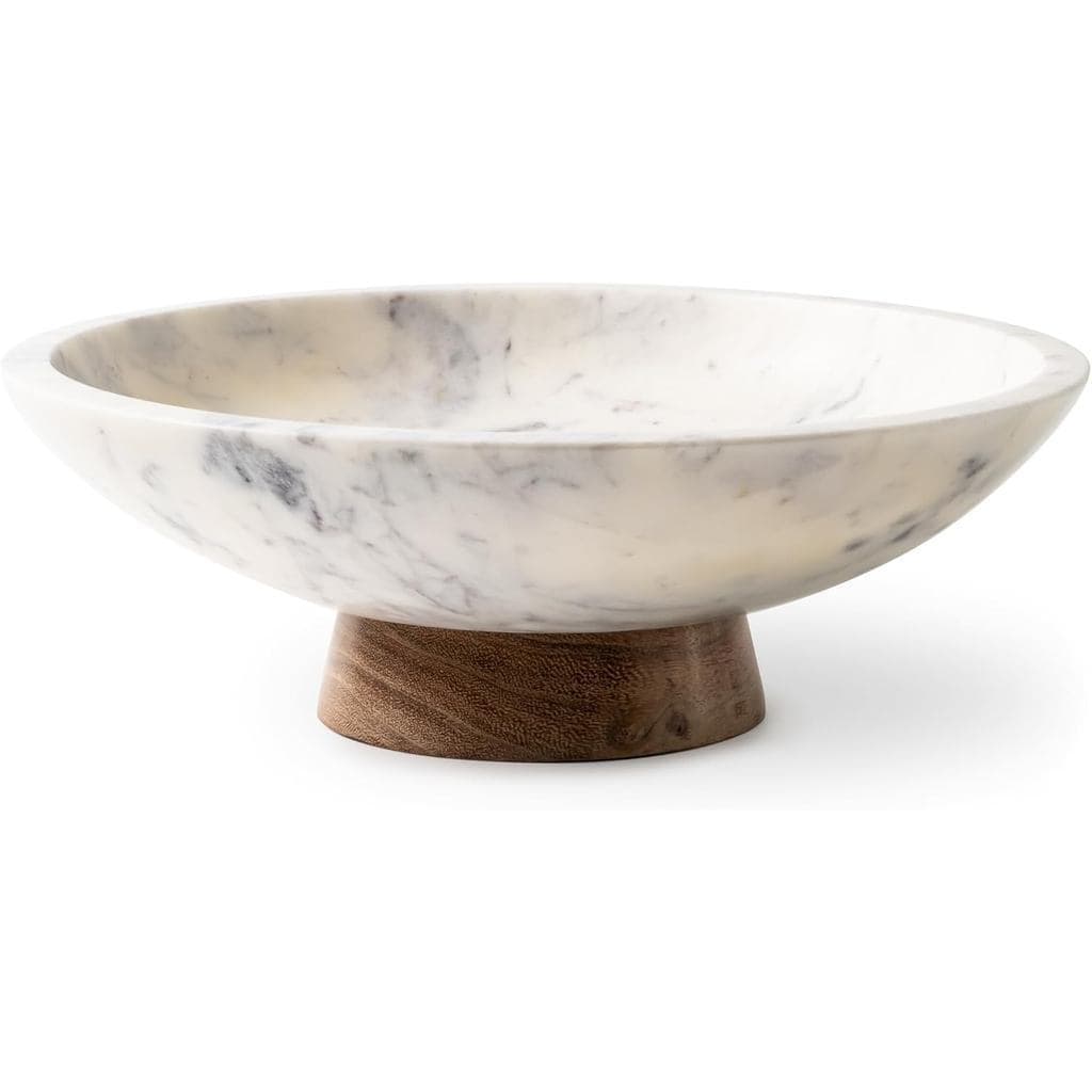 Tigela Decorativa de Mármore Cork & Mill para Decoração de Casa - Pedra Natural Feita à Mão com Pedestal de Madeira da A