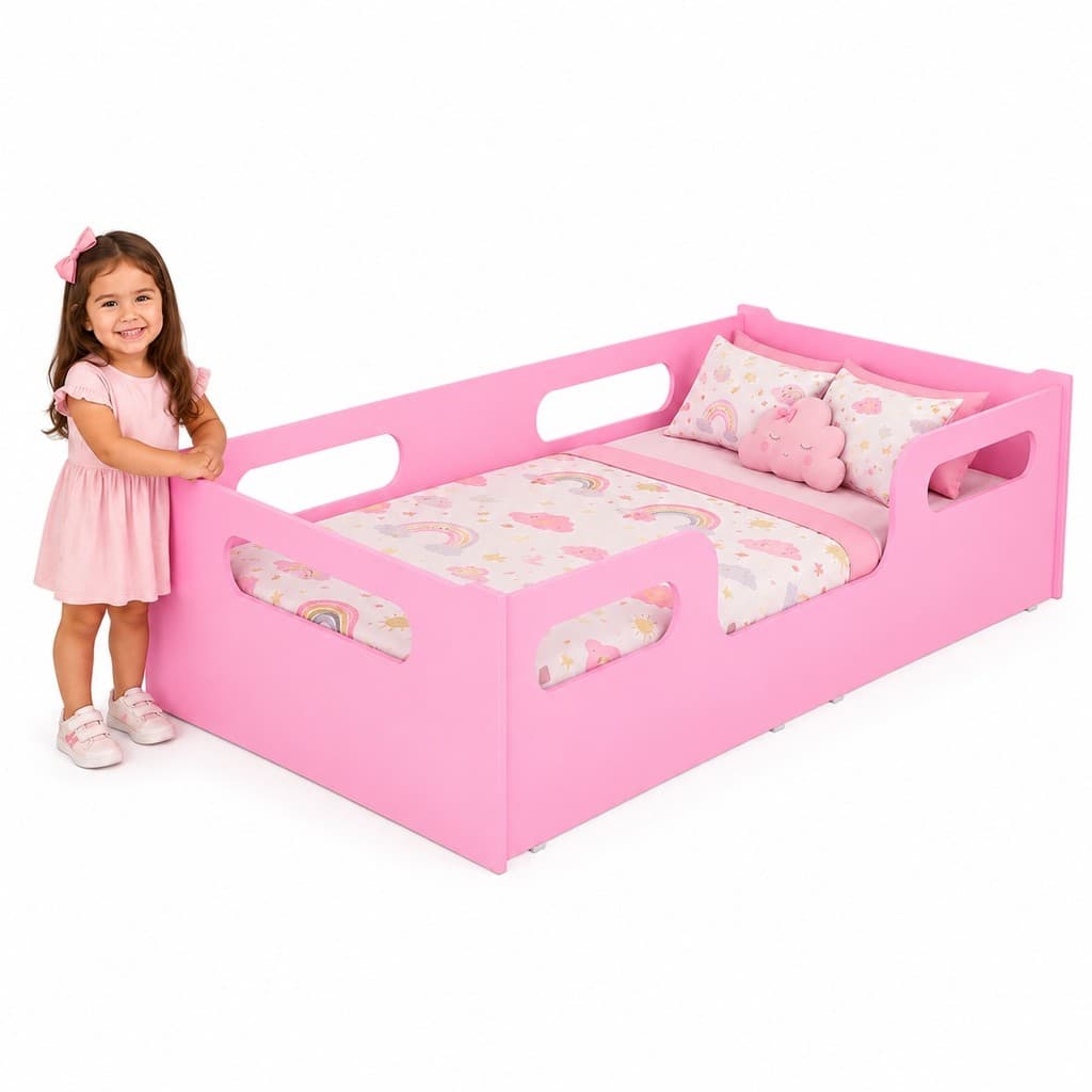 Cama Encanto Rosa Sem Colchão Montessoriana Juvenil Seguro Com Grade De Proteção Confortável