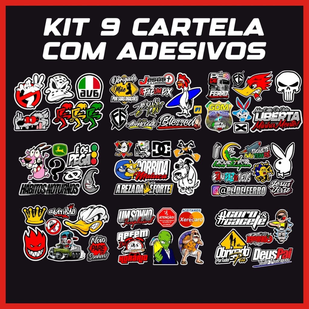 Kit com 9 Cartelas de Adesivos para Automotivos e Garrafas em Vinil Alto Brilho