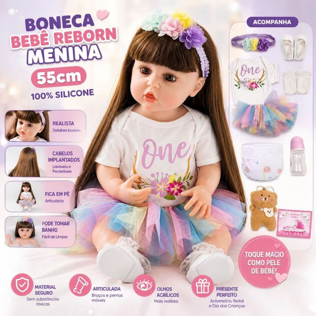 Boneca Bebê Reborn Menina 55cm 100% Silicone Realista Fica em Pé Cabelos Implantados com Acessórios